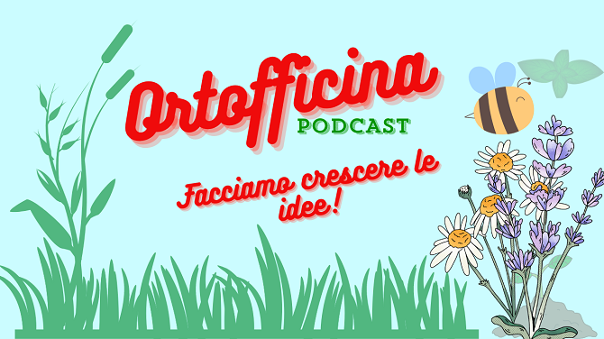 Immagine con piante e un'ape. Testo: Ortofficina podcast - facciamo crescere le idee.