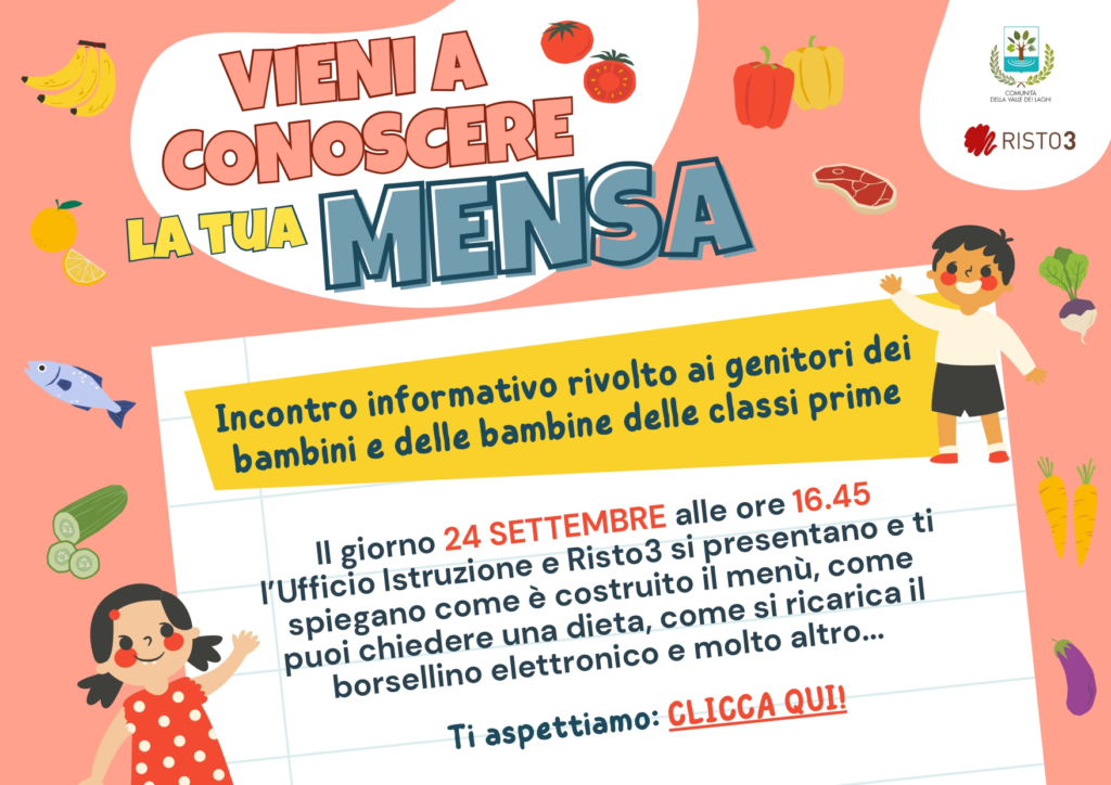 Immagine con bambini disegnati e colori attorno al testo centrale. Loghi della Risto3 e del Comune della Valle dei Laghi. Titolo: "Vieni a conoscere la mensa". Testo: "Incontro informativo rivolto ai genitori dei bambini e delle bambine delle classi prime. Il giorno 24 settembre alle 16,45 l'Ufficio Istruzione e Risto3 si presentano e ti spiegano come è costruito il menù, come puoi chiedere una dieta, come si ricarica il borsellino elettronico e molto altro..."