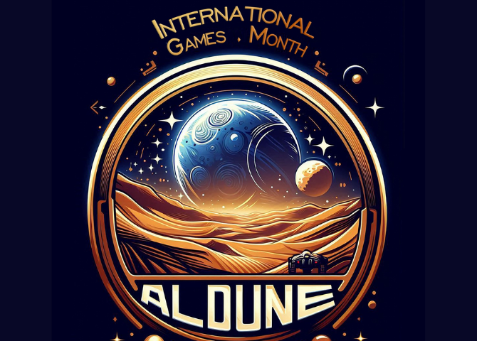 Immagine a tema fantascientifico(pianeti) e testo: International Games Month Aldune