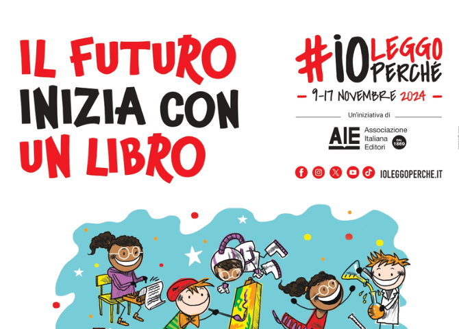 Il futuro inzia con un libro. #ioleggoperché 9/17 novembre 2024 Un'iniziativa di AIE (associazione italiana editori dal 1869). Simboli social e sito ioleggoperché.it Dona un libro per far crescere la nostra biblioteca scolastica